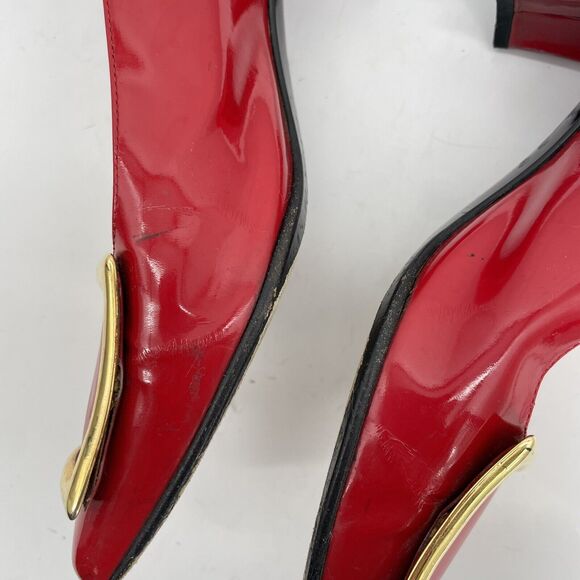 Gianni Versace Size 7 Red Patent Leather High Heels RARE Gold Buckle Block Heel - Picture 5 of 11